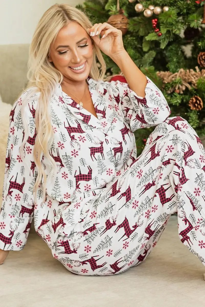 White Christmas Printed Shirt and Pants Pajama Set - Love Salve